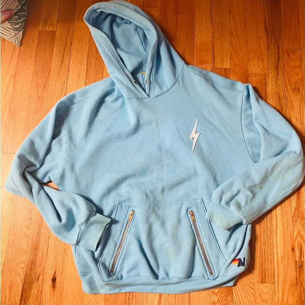 SALE Aviator Nation blue turquoise bolt oversized hoodie sweatshirt gold zip M